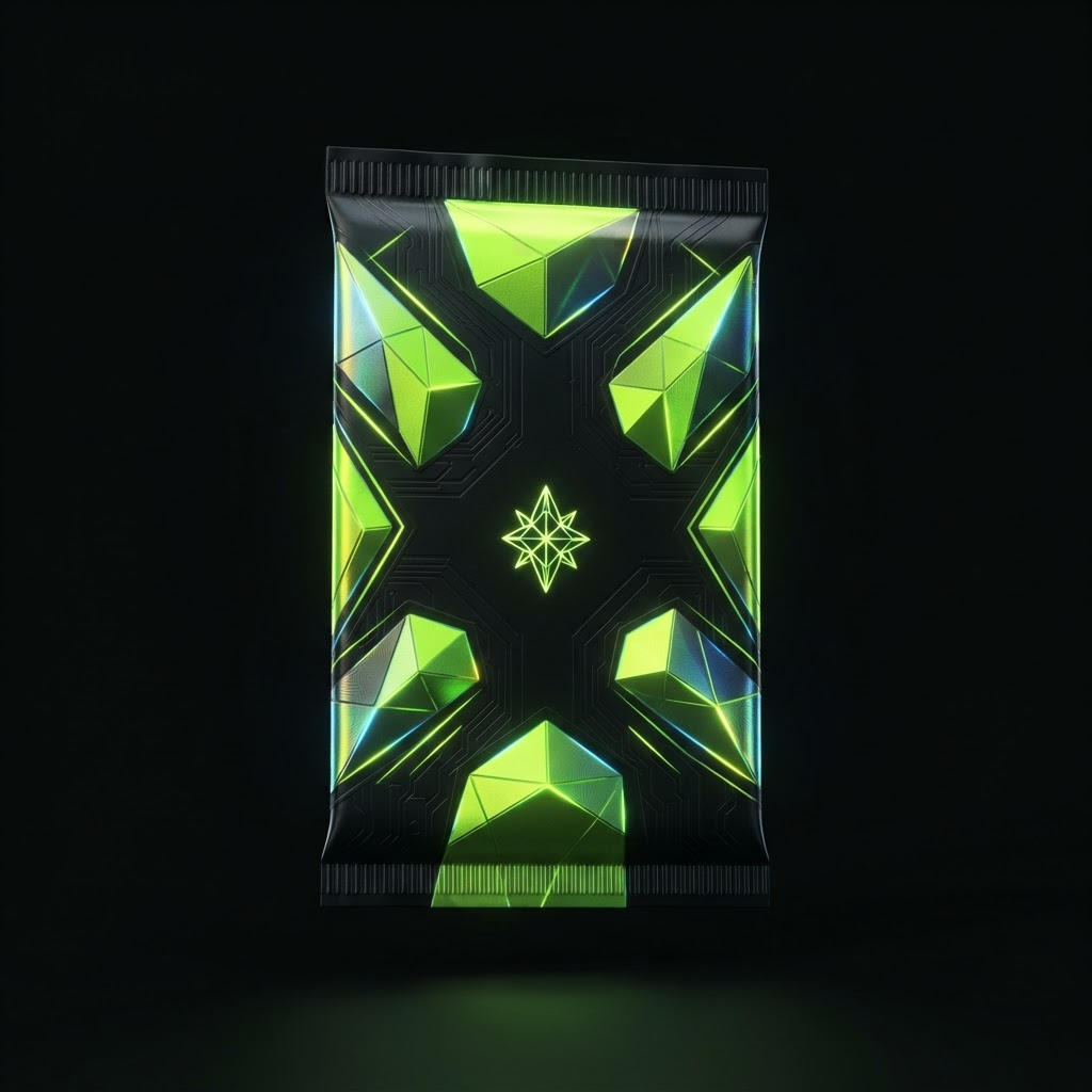 Zesto Genesis eStock Pack — a matte-black booster pack with neon-green metallic foil facets